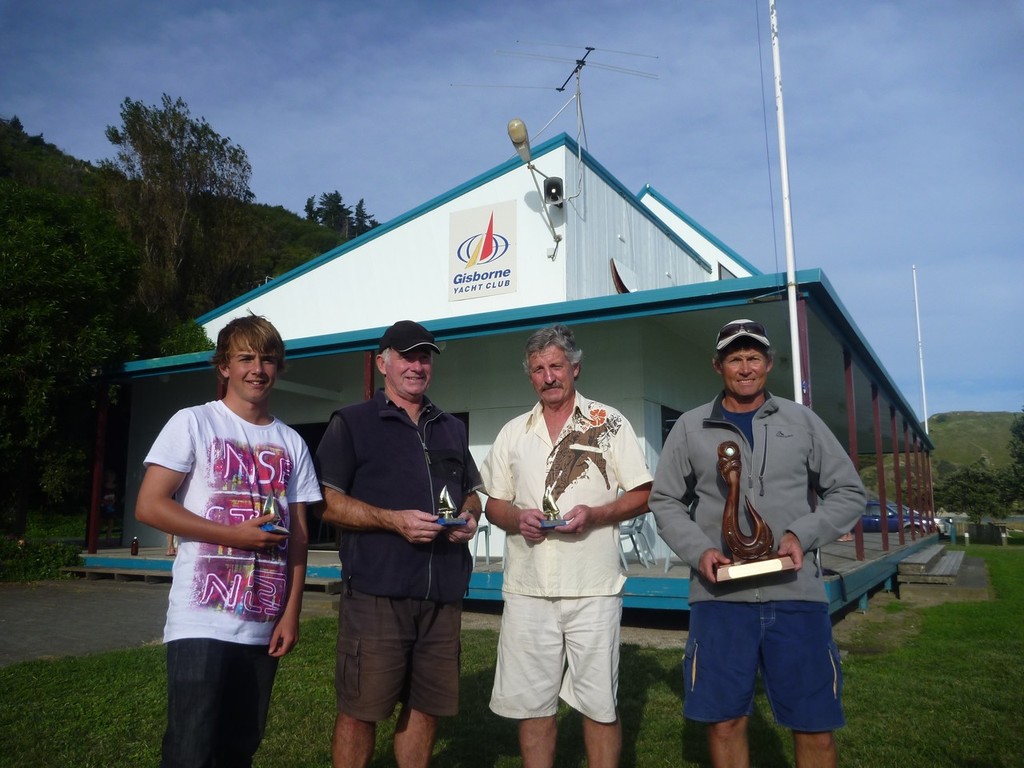 Championship Winners Left to Right: Isaac Taylor ( East Coast Starling Champion ), Ricky Lugtig (East Coast Multihull Champion), Glenn Watt (standing in for Andy Woolfeild, East Coast Trailer Yacht Champion) and Adrian Mayhead (East Coast Inter Club Champion – Wairoa Yacht Club) - East Coast Inter Club and Poverty Bay Championships © Ann Stannard